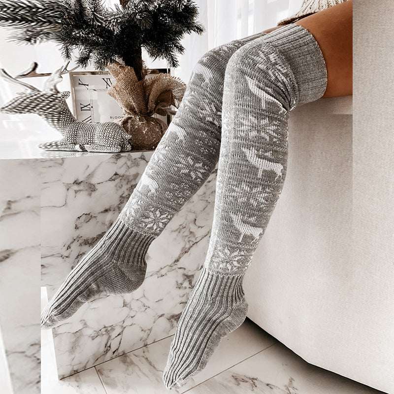 Christmas Over the Knee Knitted Socks–Warm Winter Elk Design - Elevra