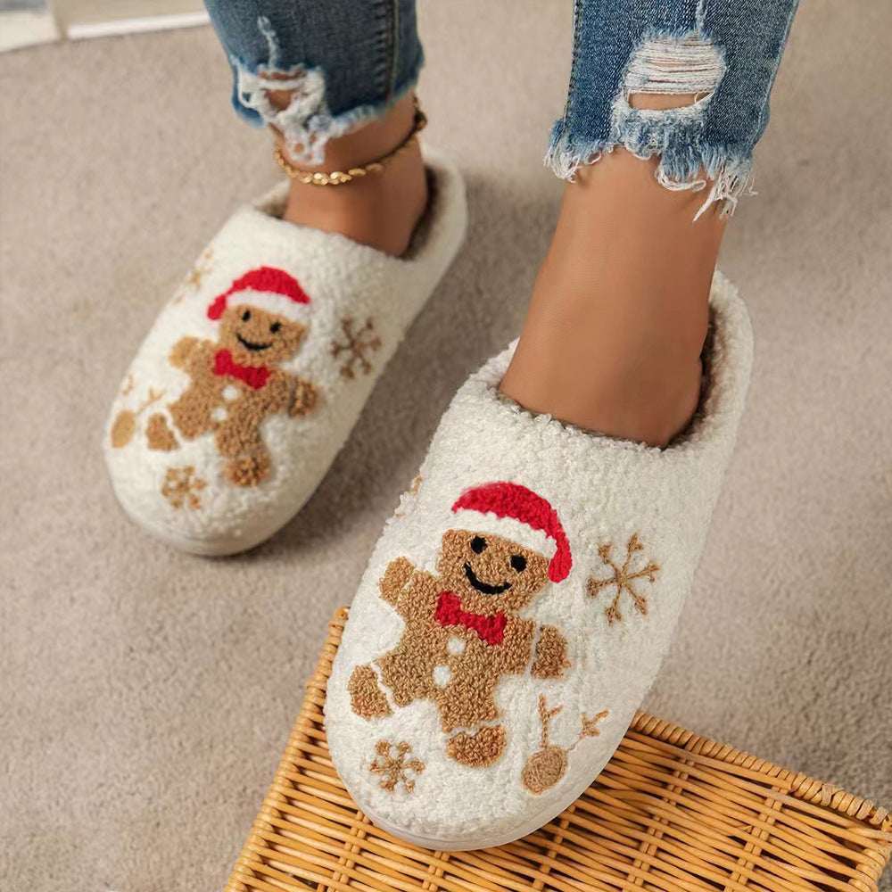 Christmas Snowflake Gingerbread Slippers Winter Indoor Non - slip Floor Bedroom Fuzzy House Shoes For Women Home Slippers - Elevra