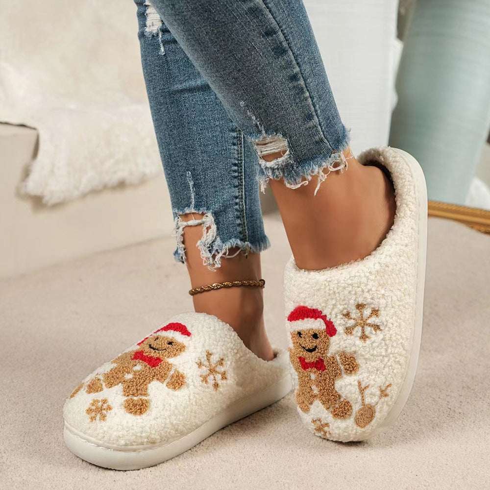 Christmas Snowflake Gingerbread Slippers Winter Indoor Non - slip Floor Bedroom Fuzzy House Shoes For Women Home Slippers - Elevra