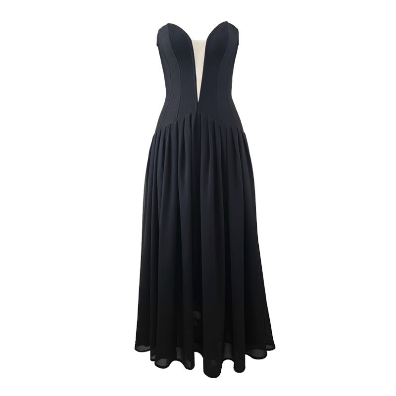 European And American Mesh Stitching Bandage One-piece Dress Deep V Birthday Graduation Season Dress