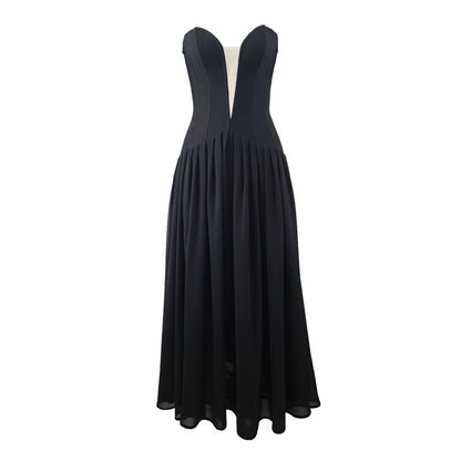 European And American Mesh Stitching Bandage One-piece Dress Deep V Birthday Graduation Season Dress