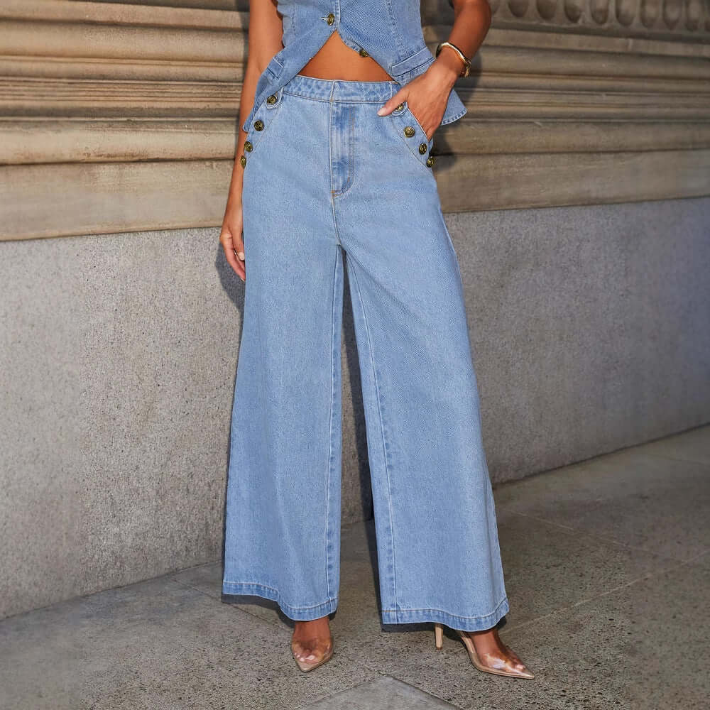 Denim Vest Suits Fashion Sleeveless Button Tops And Wide Leg Straight Pants With Pockets Women's Trousers Set - Elevra