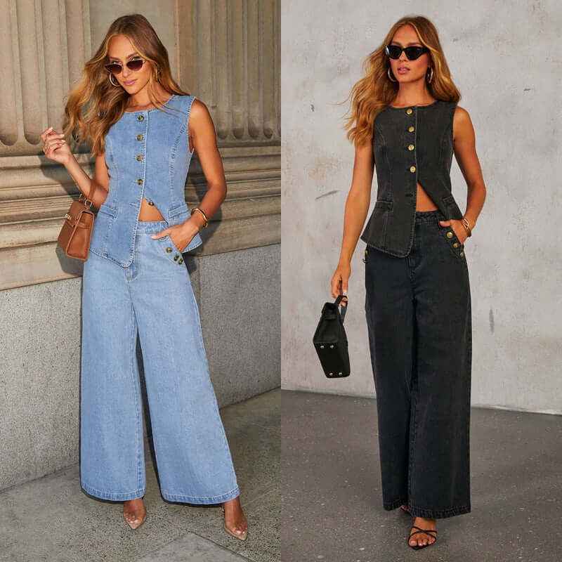 Denim Vest Suits Fashion Sleeveless Button Tops And Wide Leg Straight Pants With Pockets Women's Trousers Set - Elevra