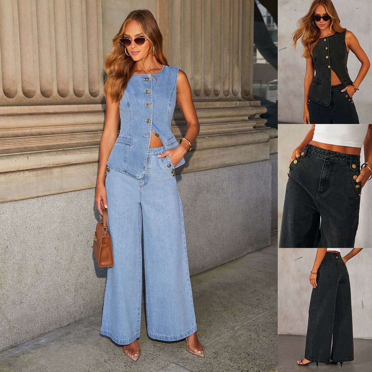 Denim Vest Suits Fashion Sleeveless Button Tops And Wide Leg Straight Pants With Pockets Women's Trousers Set - Elevra