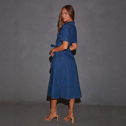 Retro V-neck Lace-up Denim Dress