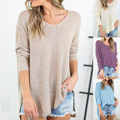 Pure Color Casual V Neck Openwork Split Knit Sweater