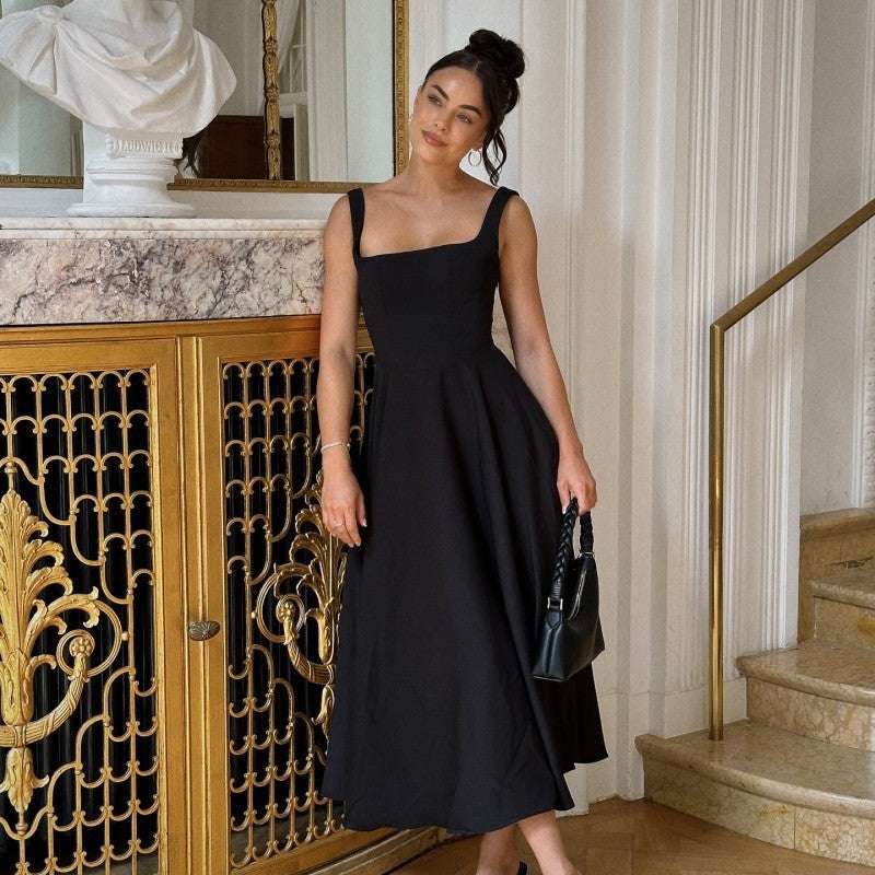 Square-neck Sleeveless Waist Trimming Sling Dress