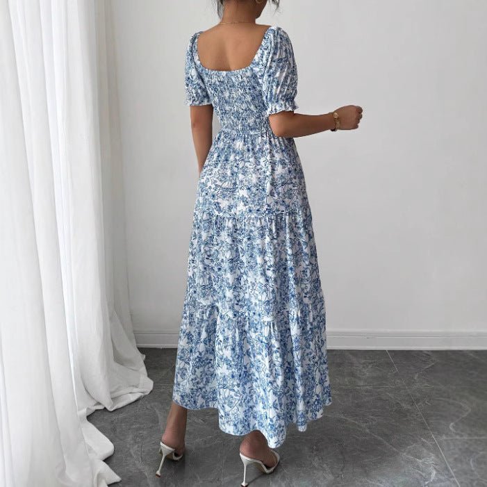 Elegant Idle Style Printed Square Collar Loose Long Puff Sleeve Dress - Elevra