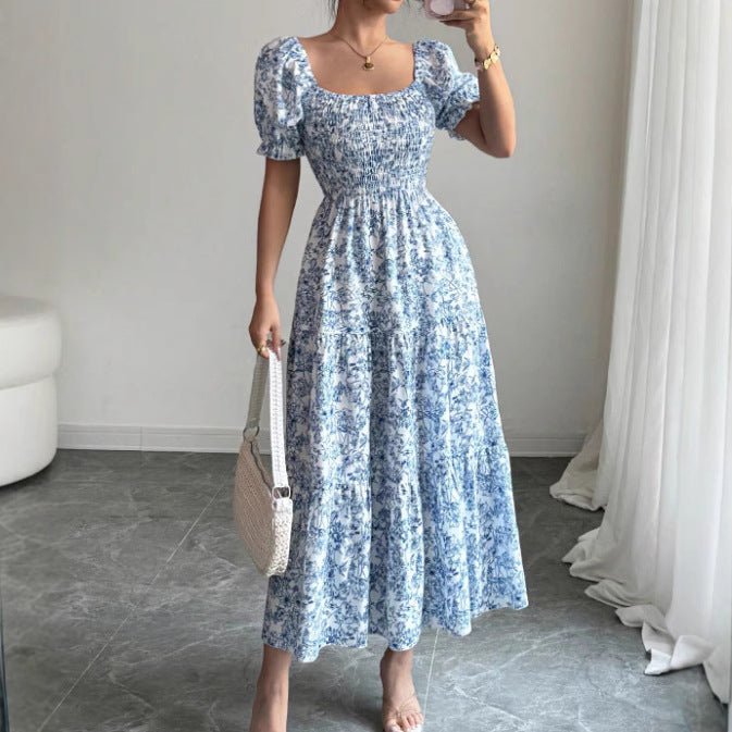 Elegant Idle Style Printed Square Collar Loose Long Puff Sleeve Dress - Elevra