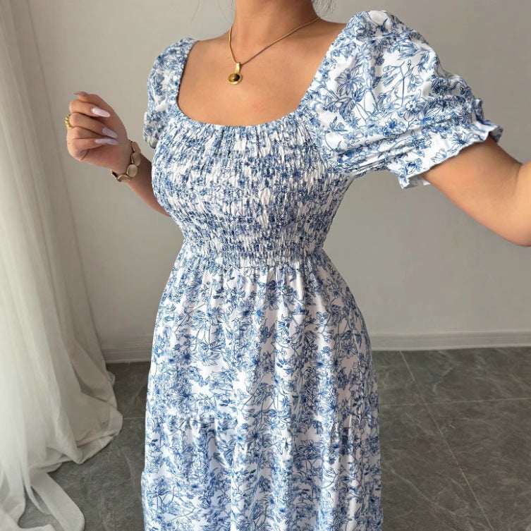 Elegant Idle Style Printed Square Collar Loose Long Puff Sleeve Dress - Elevra