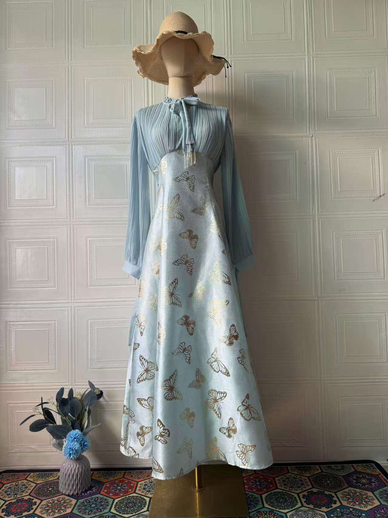 Elegant Long Sleeve Butterfly Bronzing Dress - Elevra