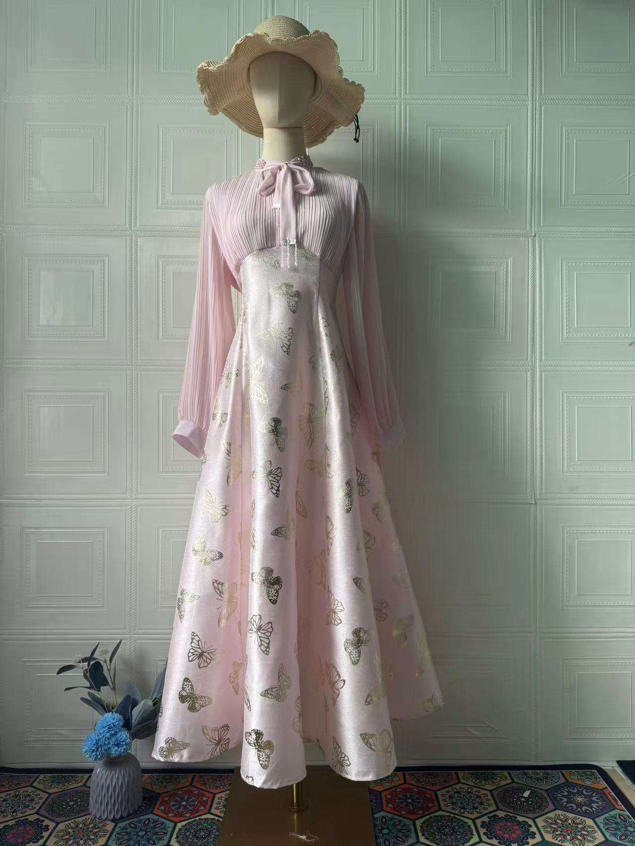 Elegant Long Sleeve Butterfly Bronzing Dress - Elevra