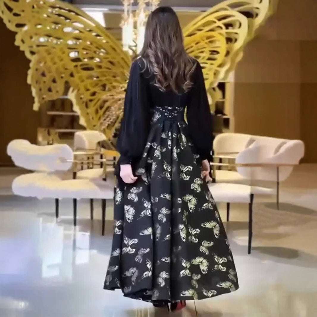 Elegant Long Sleeve Butterfly Bronzing Dress - Elevra