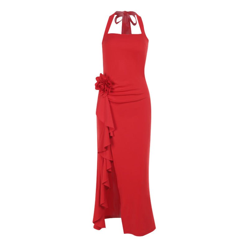 Elegant Slim Three - dimensional Flower Split Dress - Elevra