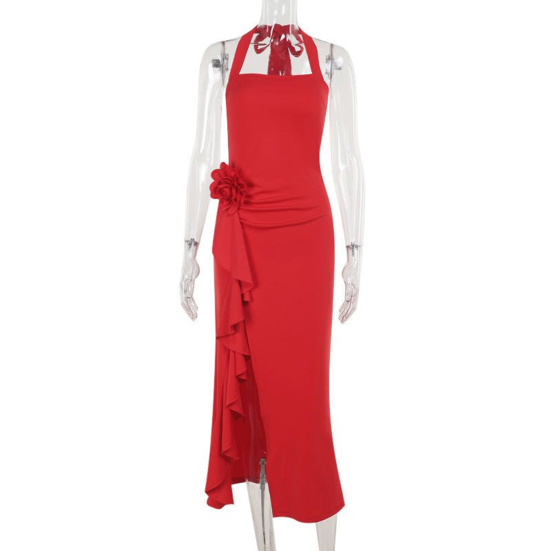 Elegant Slim Three - dimensional Flower Split Dress - Elevra