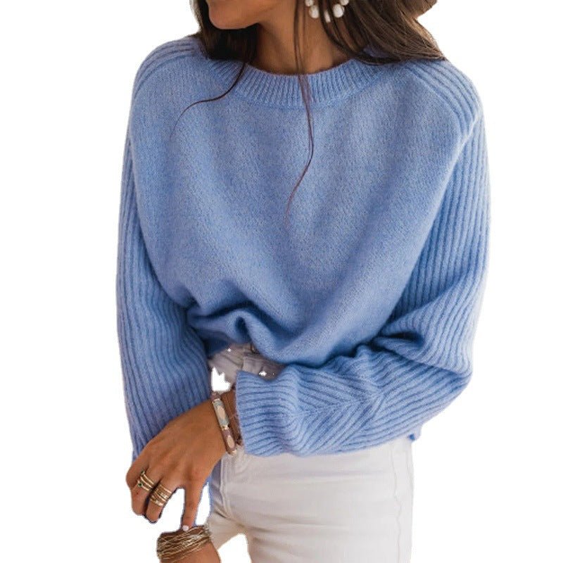 European Milk Blue Bedford Cord Sweater Women's Round - collar Long - sleeve Knitwear Casual Women's Clothing Fashion Knit Top Outerwear - Elevra