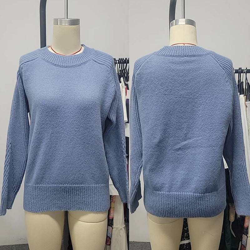 European Milk Blue Bedford Cord Sweater Women's Round - collar Long - sleeve Knitwear Casual Women's Clothing Fashion Knit Top Outerwear - Elevra