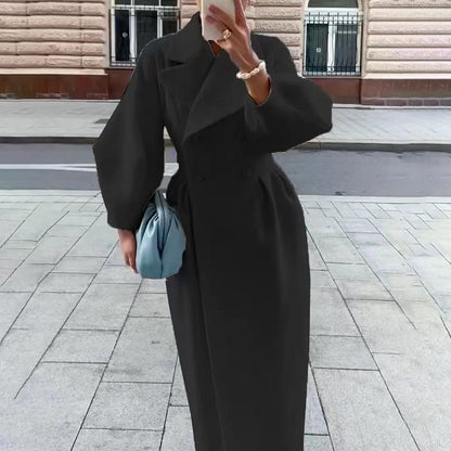 Women's Classic Winter Long Coat, Double-Breasted Belted Trench With Wide Lapel, Solid Color Oversized Overcoat For Casual Style