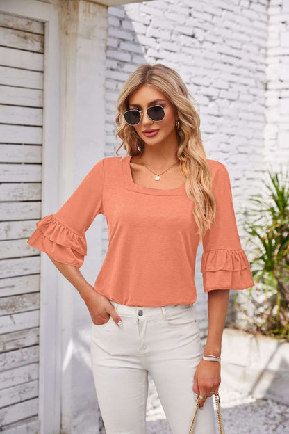 Square Collar Ruffled Half Sleeve Solid Color Loose T-shirt
