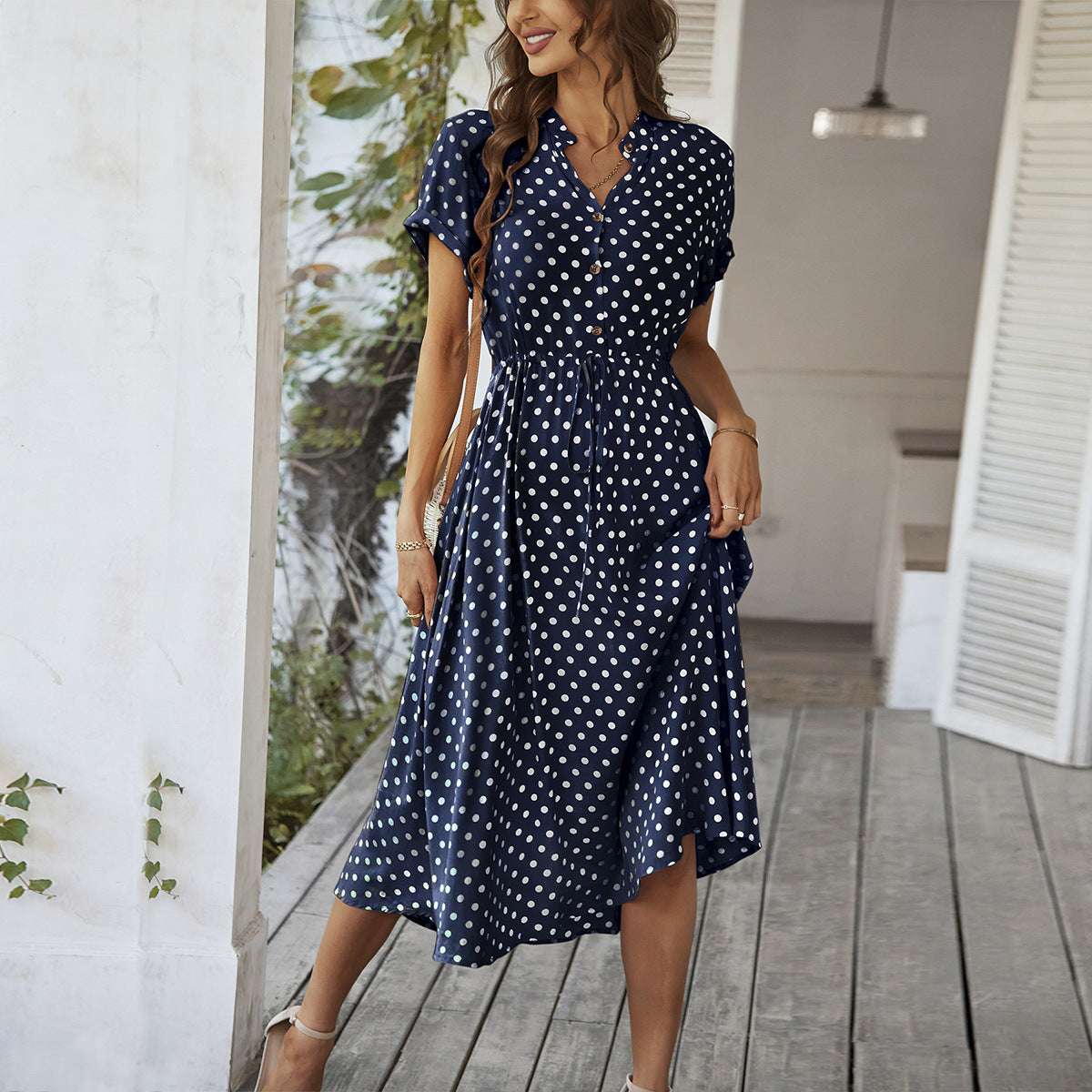 Temperament Leisure Vacation Style Polka Dot Print High Waist Lace-up Dress