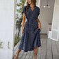 Temperament Leisure Vacation Style Polka Dot Print High Waist Lace-up Dress