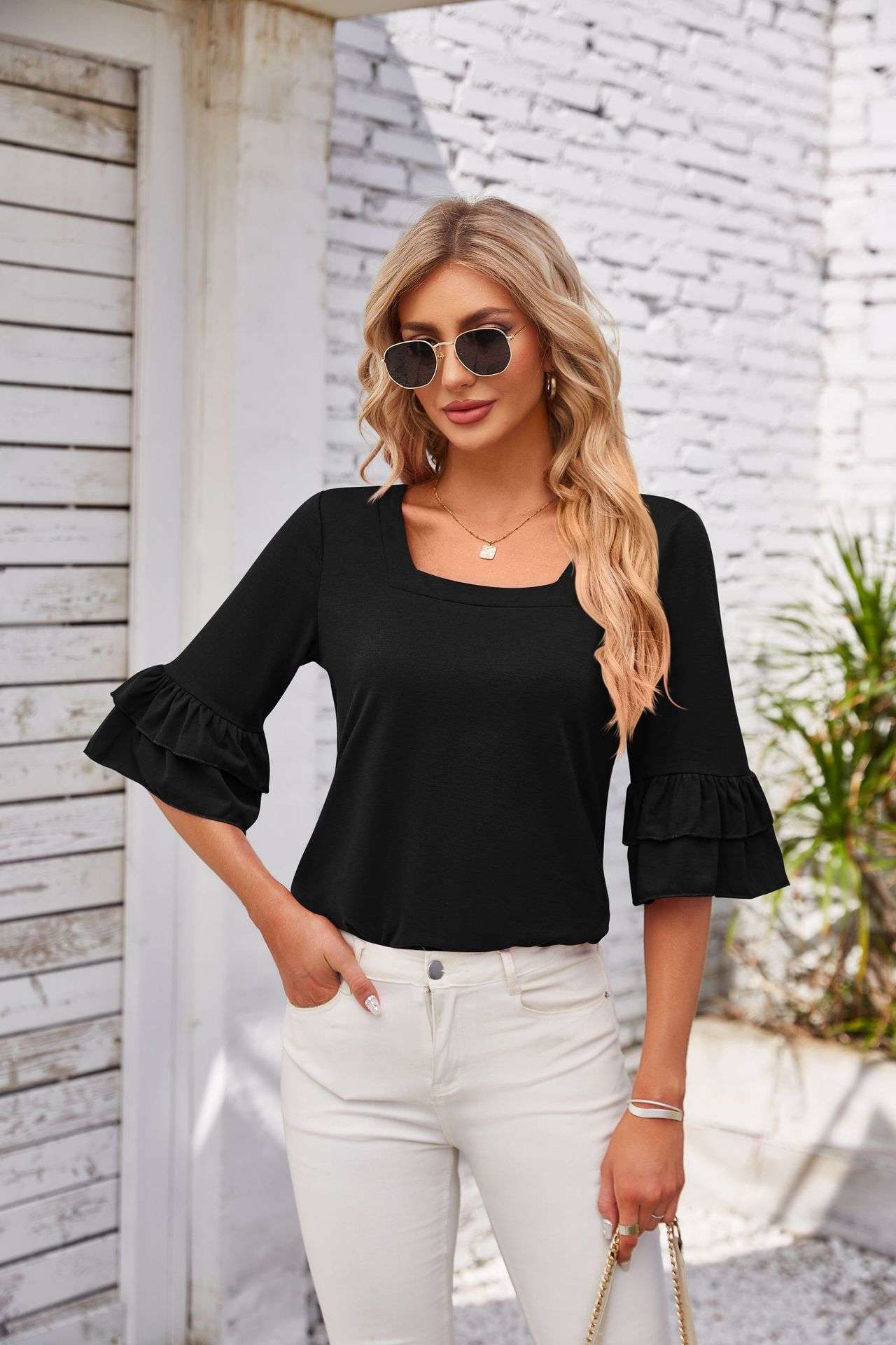 Square Collar Ruffled Half Sleeve Solid Color Loose T-shirt