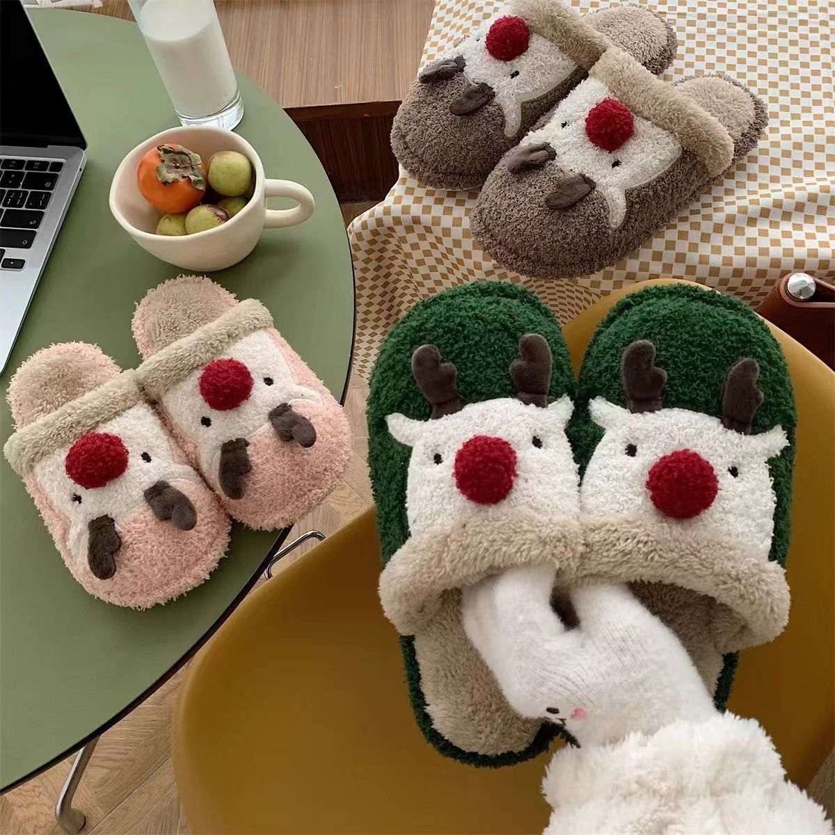 Fashion Non - slip Warm Christmas Elk Plush Shoes - Elevra