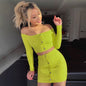 Fashion Trend Woman Sexy Off Shoulder Set Solid Button Bodycon 2 Pcs Sets Women Long Sleeve Top And Skirt Summer Autumn Sets - Elevra