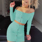 Fashion Trend Woman Sexy Off Shoulder Set Solid Button Bodycon 2 Pcs Sets Women Long Sleeve Top And Skirt Summer Autumn Sets - Elevra
