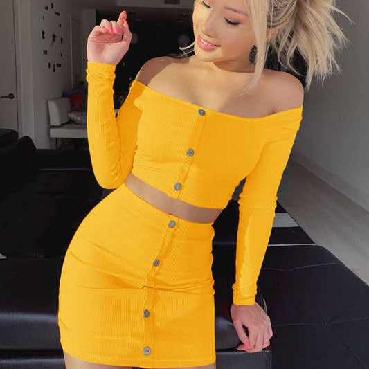 Fashion Trend Woman Sexy Off Shoulder Set Solid Button Bodycon 2 Pcs Sets Women Long Sleeve Top And Skirt Summer Autumn Sets - Elevra