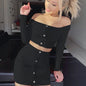 Fashion Trend Woman Sexy Off Shoulder Set Solid Button Bodycon 2 Pcs Sets Women Long Sleeve Top And Skirt Summer Autumn Sets - Elevra
