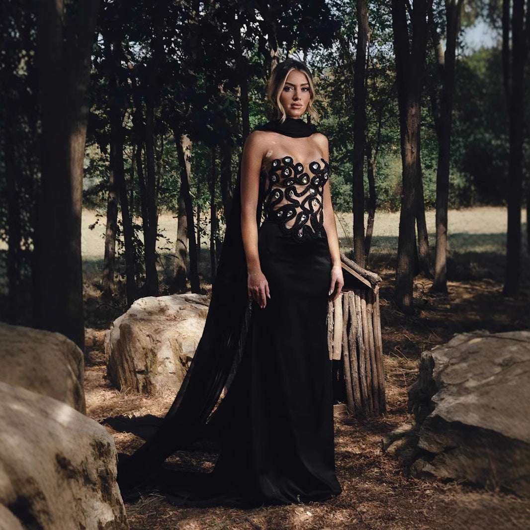 Women's High-end Delicate Bead-set Diamond Evening Dress