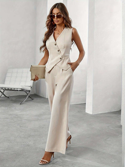 V-neck Sleeveless High Waist Women's Pants Suit