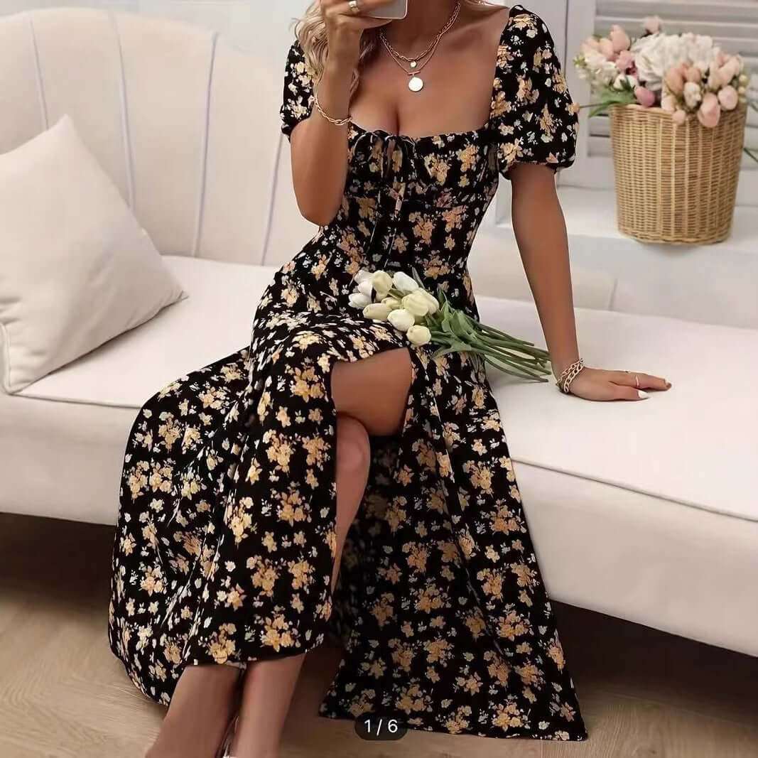 Floral Print Short Sleeve Split Dress Summer Fashion Lace - up Beach Long Dresses Women's Clothing - Elevra