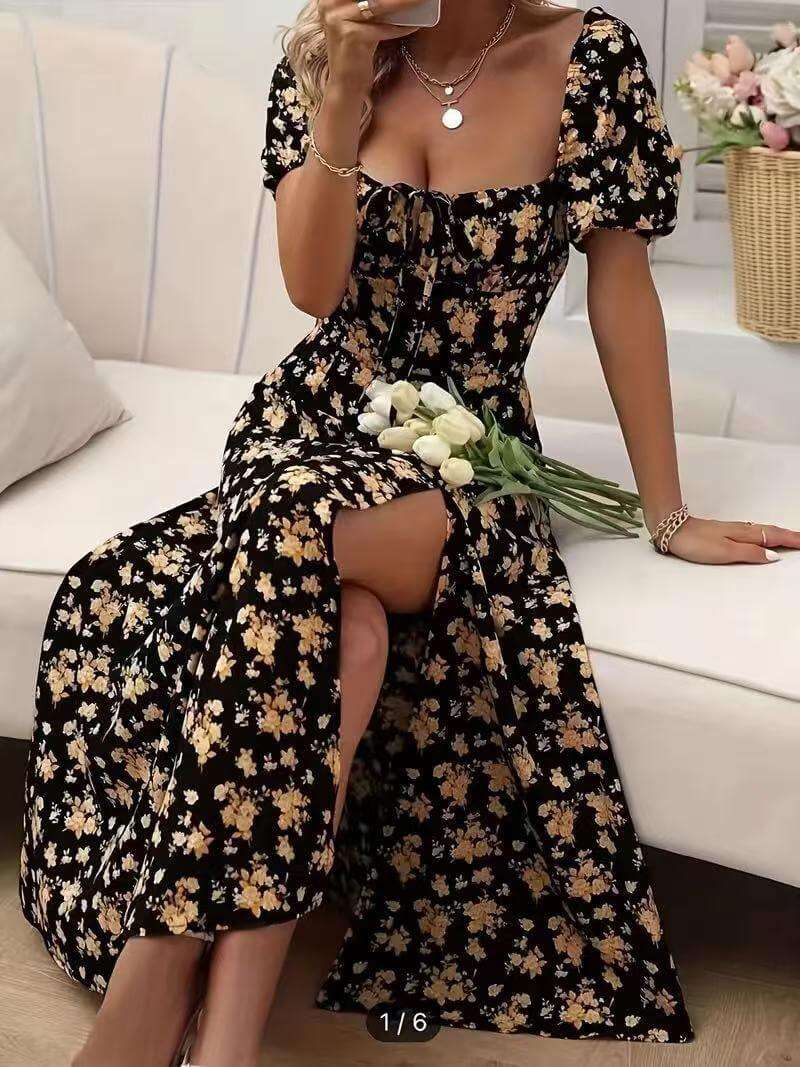 Floral Print Short Sleeve Split Dress Summer Fashion Lace - up Beach Long Dresses Women's Clothing - Elevra