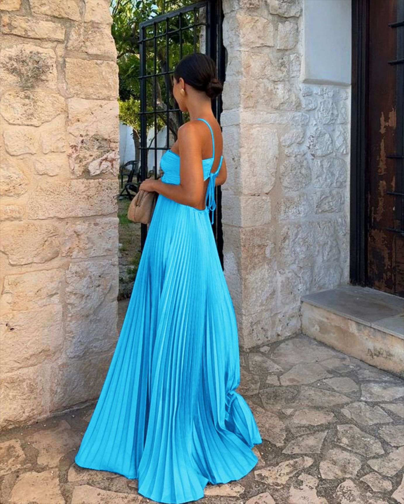 Ins Pleated Sleeveless Sling Dress Hollow High Waist Halter Robe Dresses For Evening Party Club Clothing Women - Elevra