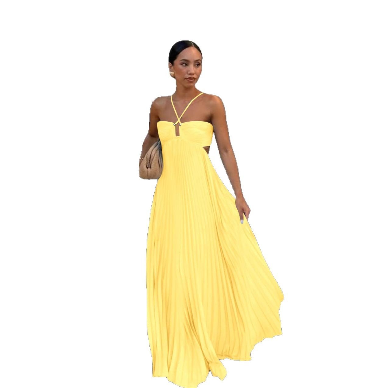 Yellow pleated maxi dress with crisscross straps and side cutout, perfect for summer events