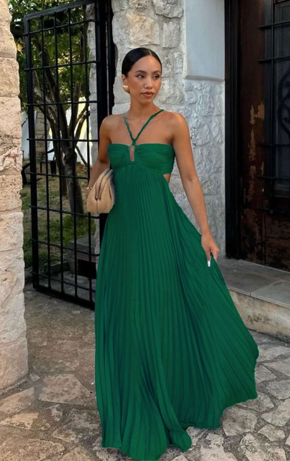 Ins Pleated Sleeveless Sling Dress Hollow High Waist Halter Robe Dresses For Evening Party Club Clothing Women - Elevra