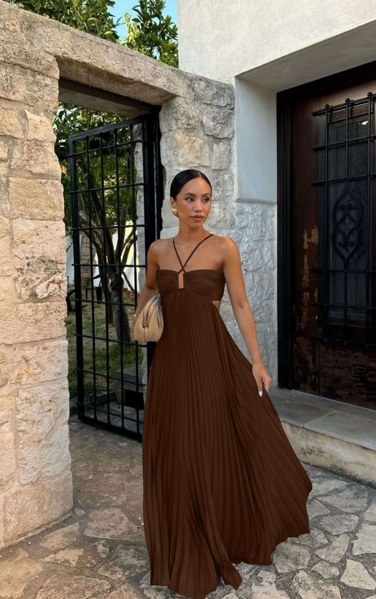 Ins Pleated Sleeveless Sling Dress Hollow High Waist Halter Robe Dresses For Evening Party Club Clothing Women - Elevra