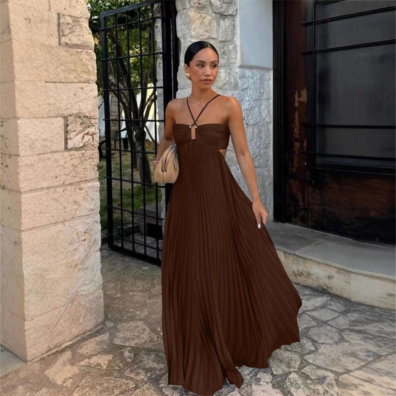Ins Pleated Sleeveless Sling Dress Hollow High Waist Halter Robe Dresses For Evening Party Club Clothing Women - Elevra