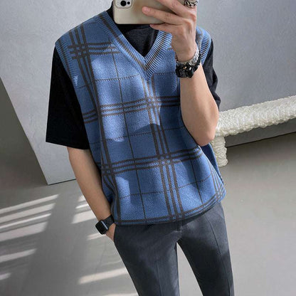Knitted Men's Trendy Plaid V - neck Sweater Vest - Elevra