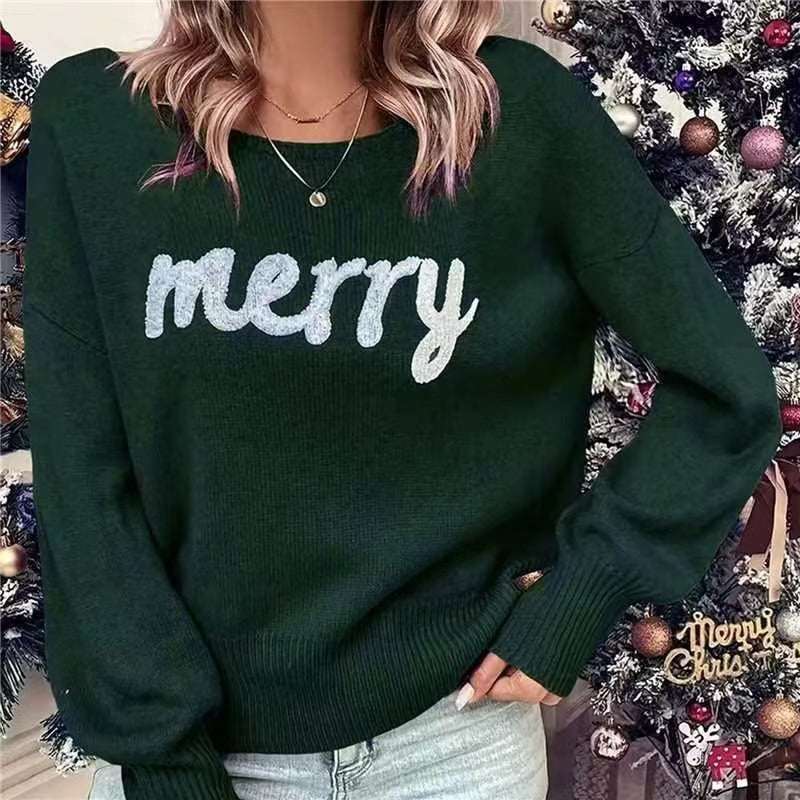 Knitted Women Crew Neck Sweater – Loose Pullover Trendy Knit - Elevra