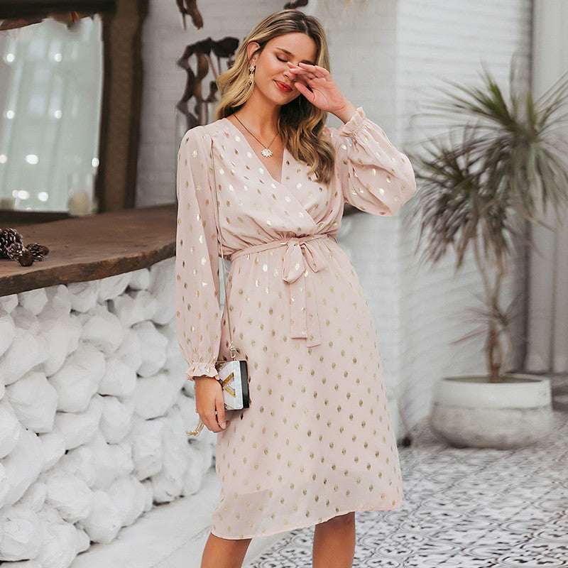 Lantern sleeve belt midi dress - Elevra