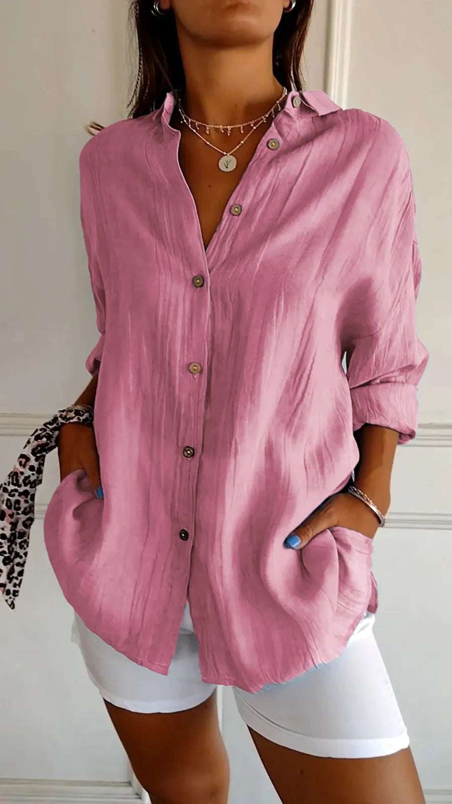 Lapel Long Sleeve Shirt Women's Single - breasted Pleated Shirt Tops Clothing - Elevra