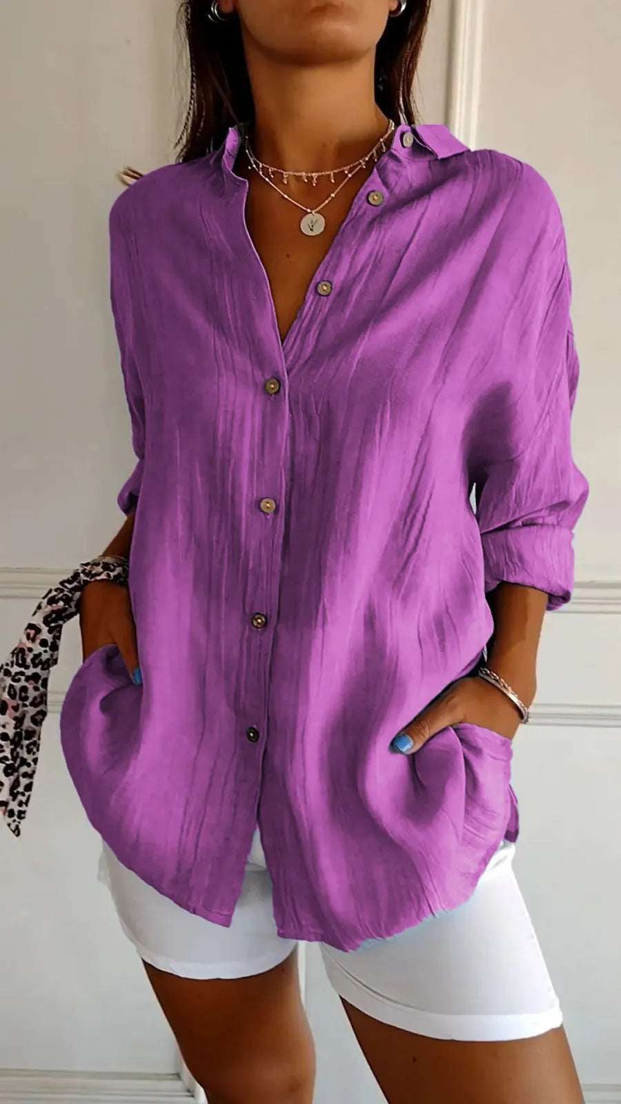 Lapel Long Sleeve Shirt Women's Single - breasted Pleated Shirt Tops Clothing - Elevra