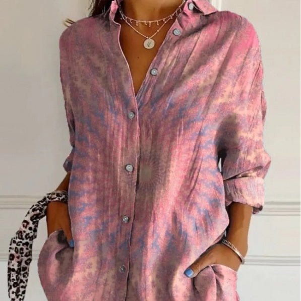 Pink tie-dye button-down shirt dress with rolled sleeves, layered necklaces, and leopard scarf accent