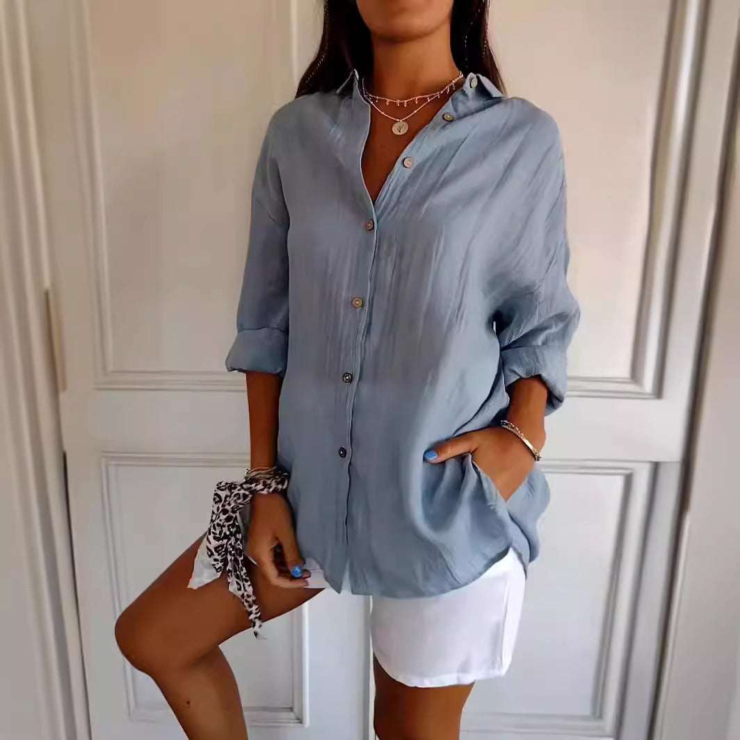 Lapel Long Sleeve Shirt Women's Single - breasted Pleated Shirt Tops Clothing - Elevra
