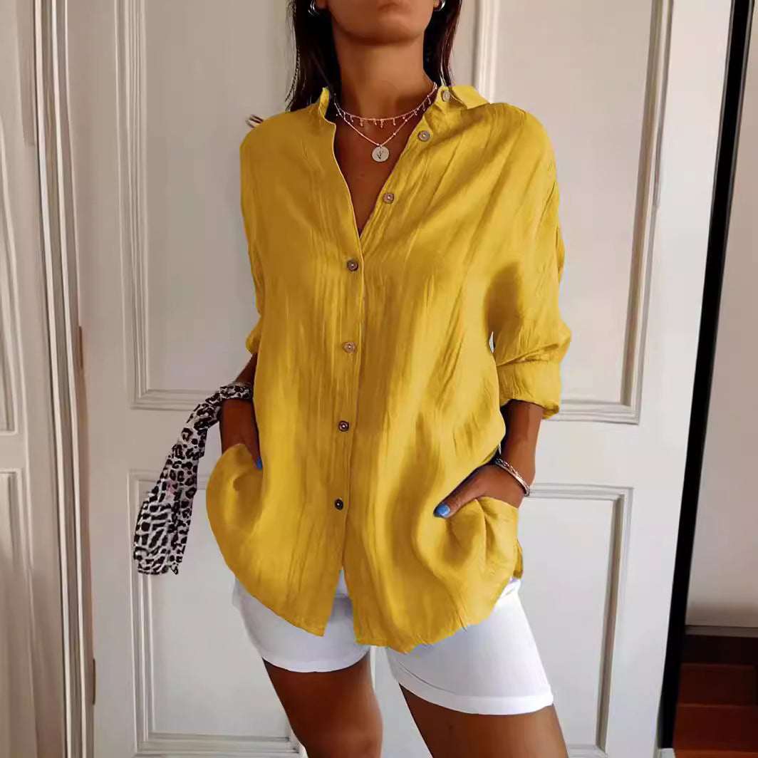 Lapel Long Sleeve Shirt Women's Single - breasted Pleated Shirt Tops Clothing - Elevra