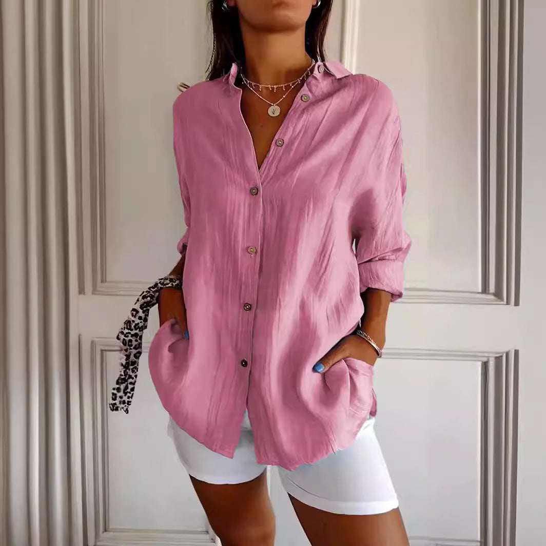 Lapel Long Sleeve Shirt Women's Single - breasted Pleated Shirt Tops Clothing - Elevra