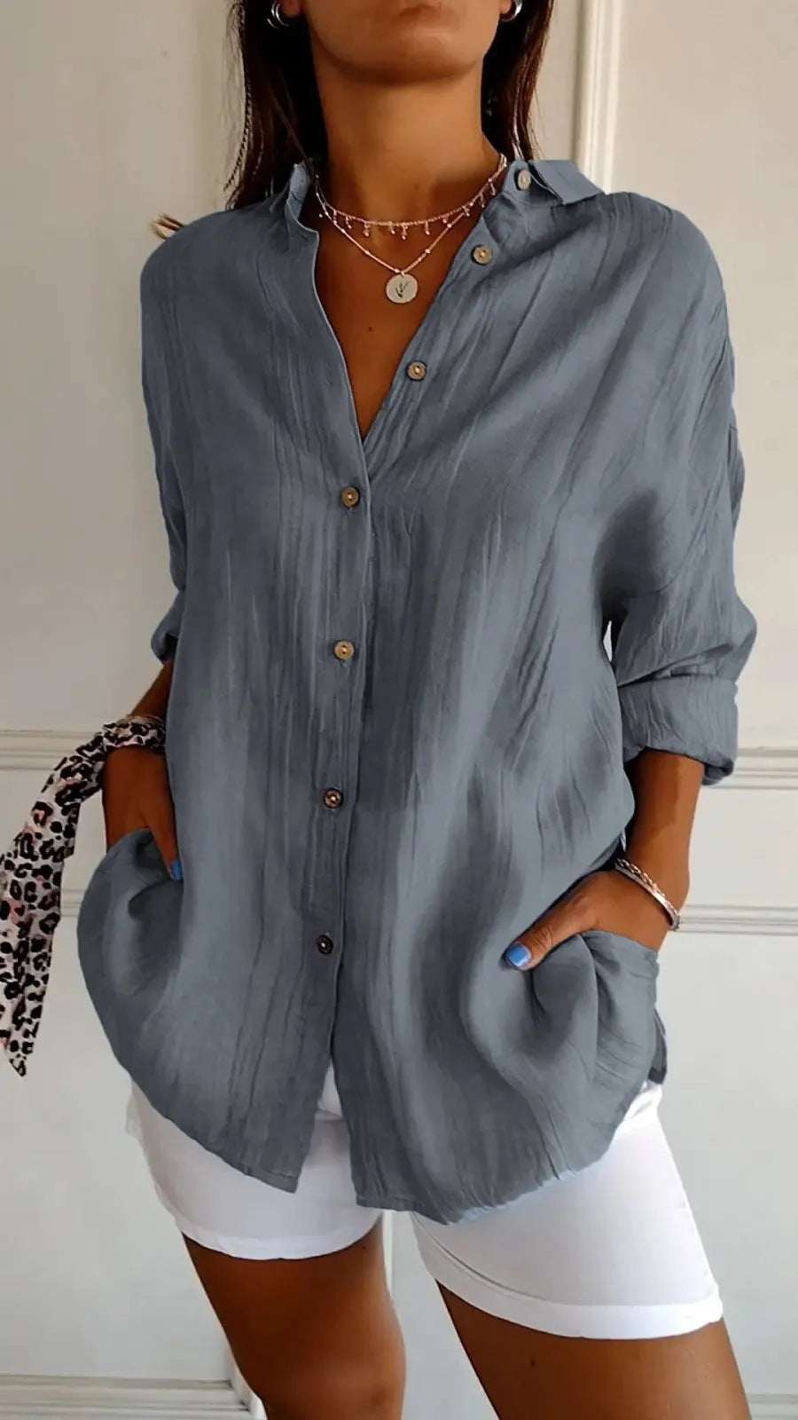 Lapel Long Sleeve Shirt Women's Single - breasted Pleated Shirt Tops Clothing - Elevra